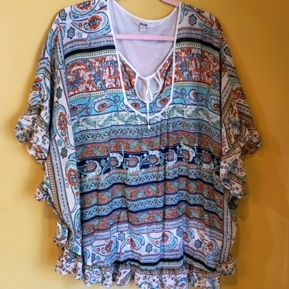 BLUE ORANGE  PAISLEY RUFFLE SLEEVE TUNIC FLOWY‎ BLOUSE SMALL